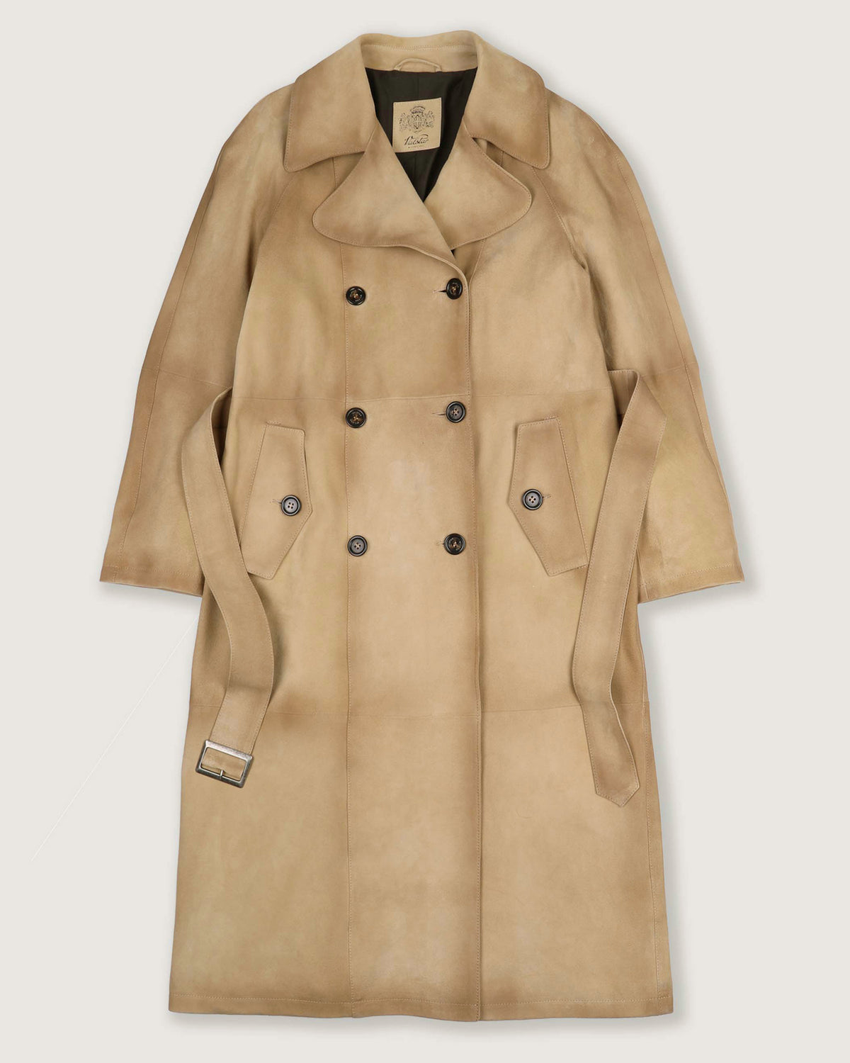Trench doppio petto con cintura in heavy suede effetto vintage, foderato. Beige - Sand