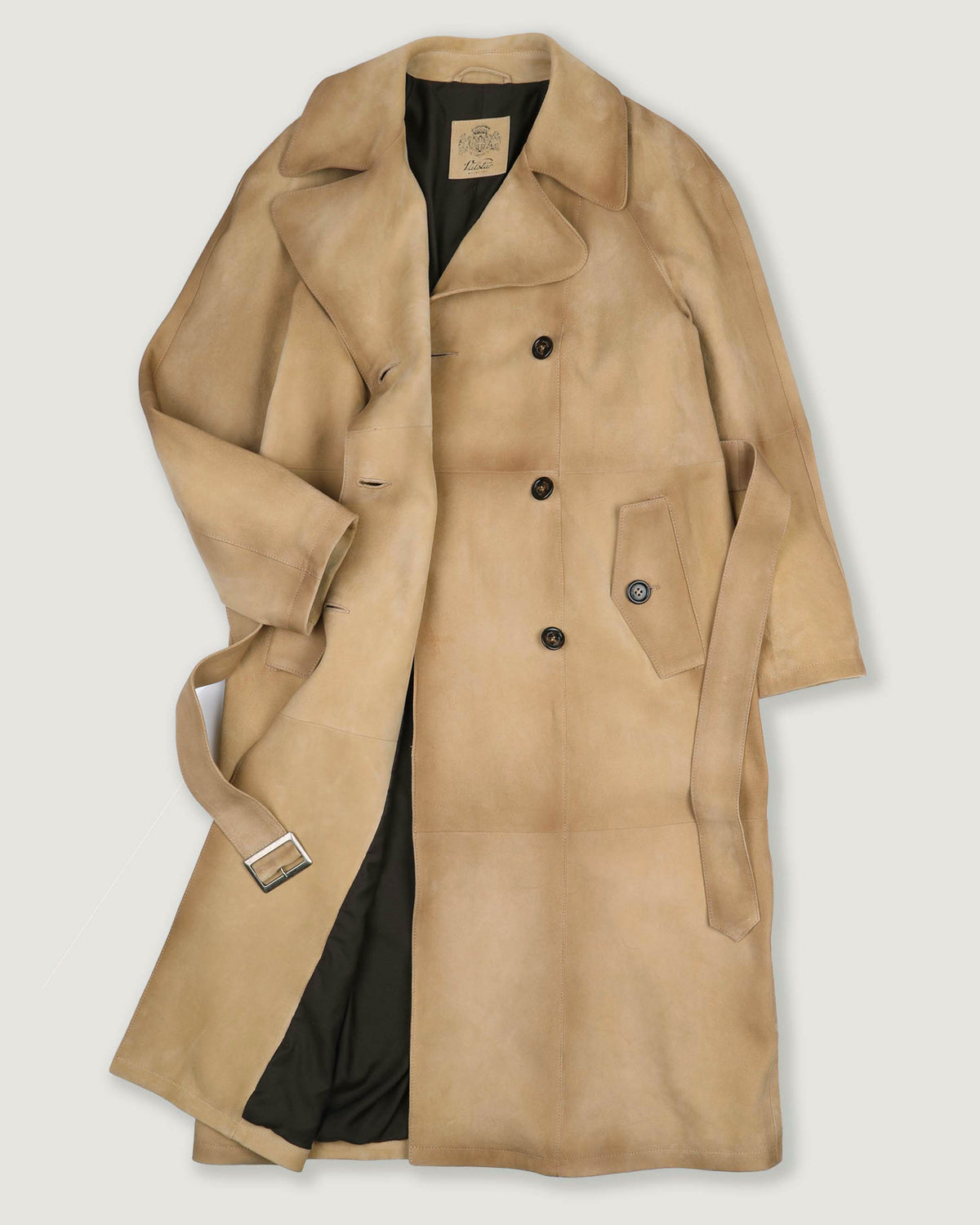 Trench doppio petto con cintura in heavy suede effetto vintage, foderato. Beige - Sand