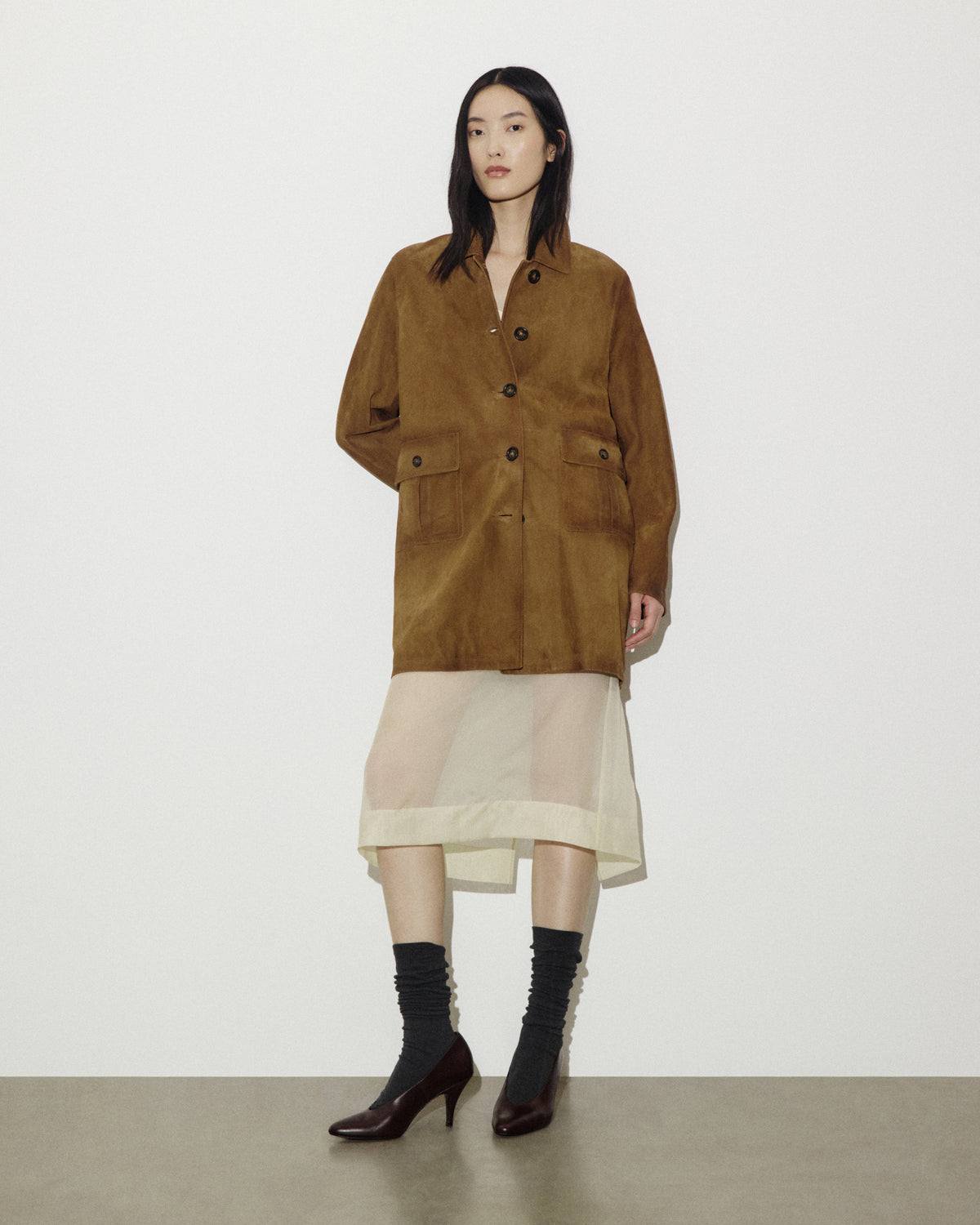 Trench in light suede effetto vintage, foderato. Marrone - Tabacco