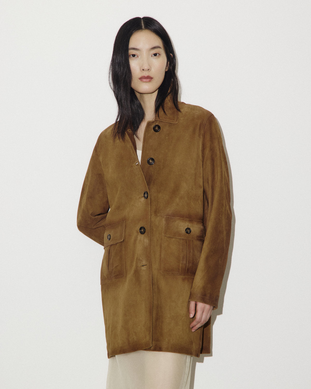 Trench in light suede effetto vintage, foderato. Marrone - Tabacco