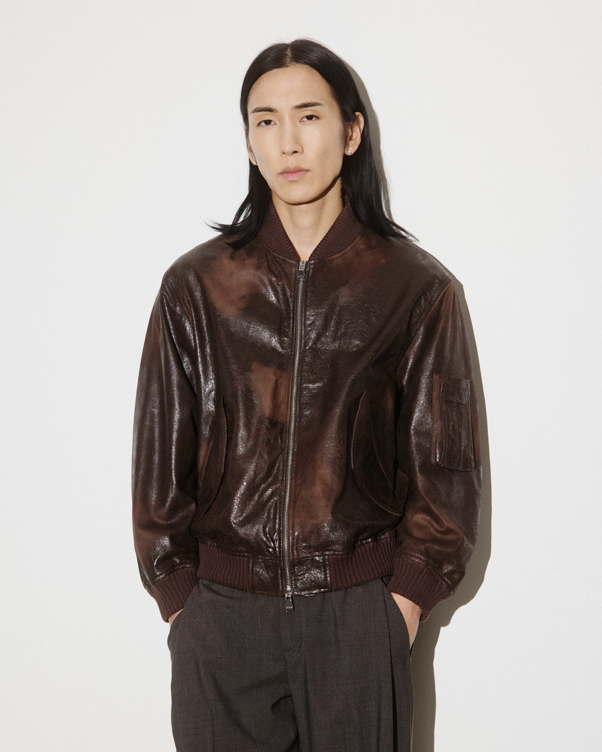 Giubbotto bomber oversize in nappa crackle effetto vintage, foderato. Marrone - Brown