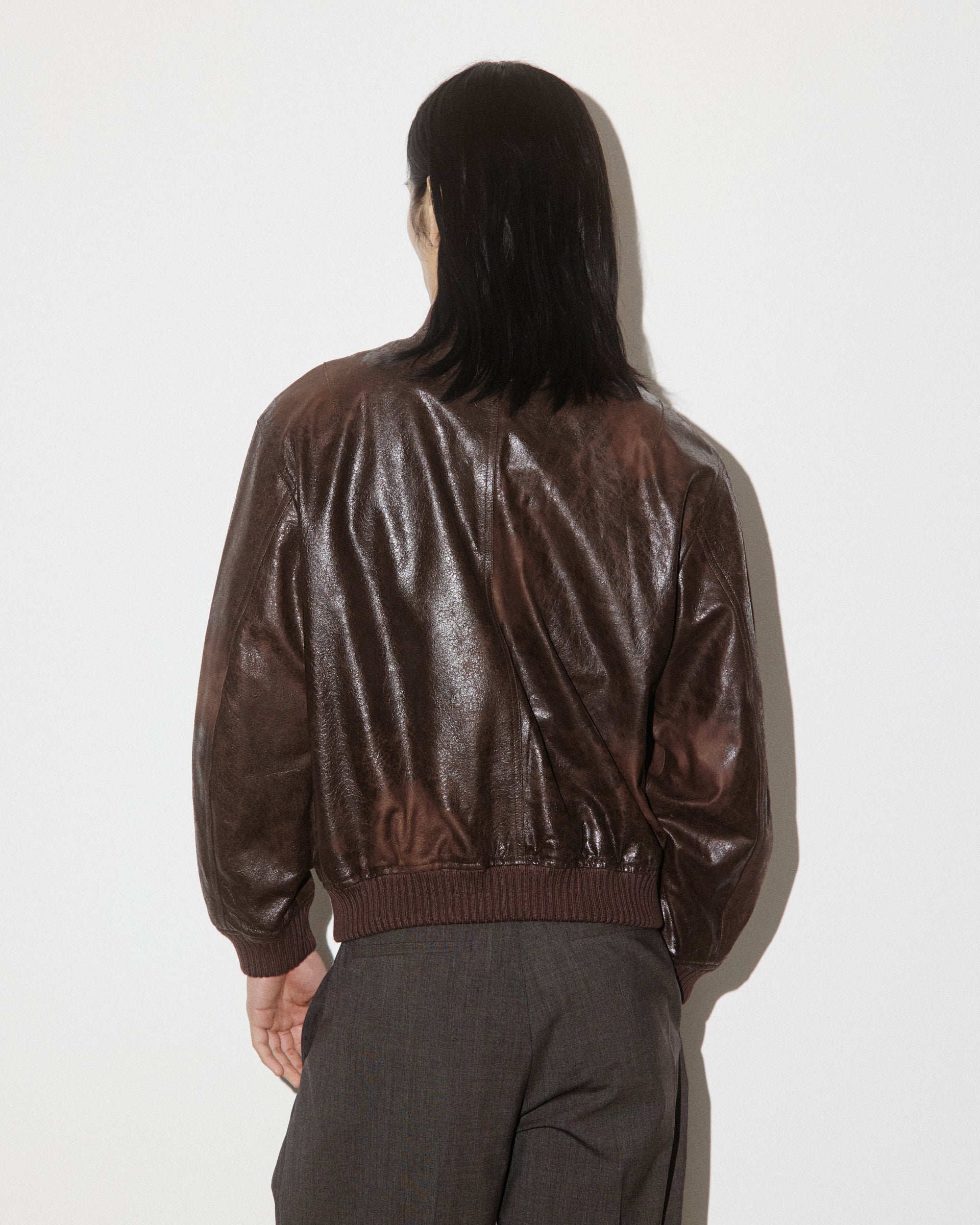Giubbotto bomber oversize in nappa crackle effetto vintage, foderato. Marrone - Brown