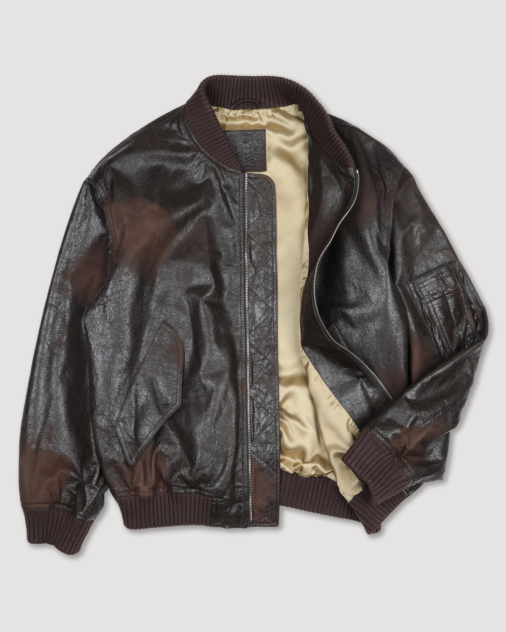 Giubbotto bomber oversize in nappa crackle effetto vintage, foderato. Marrone - Brown