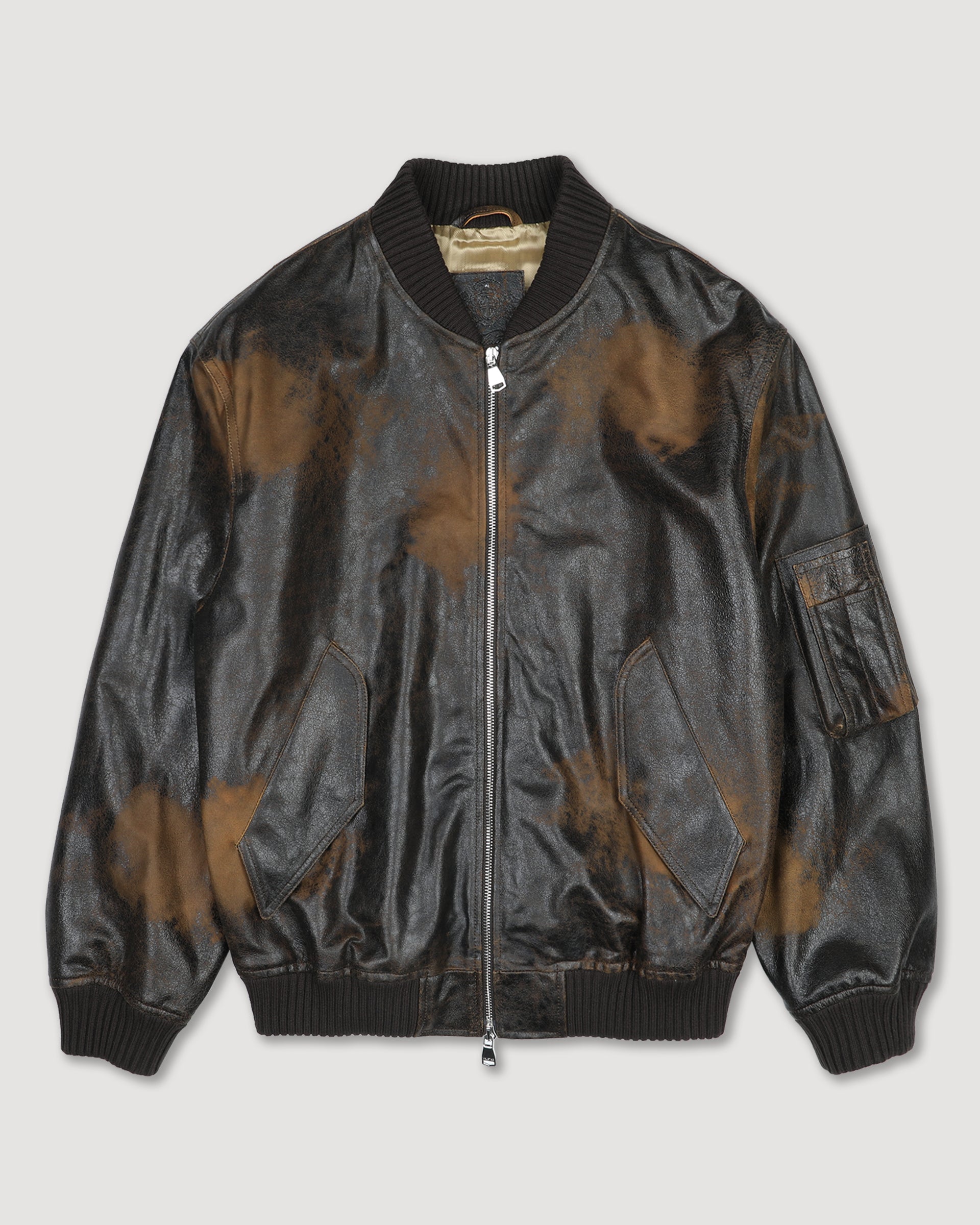 UNISEX- BOMBER CON ZIP IN NAPPA CRACK, BORDI COLLO, FONDO E POLSI IN MAGLIA, FODERATO - Moro