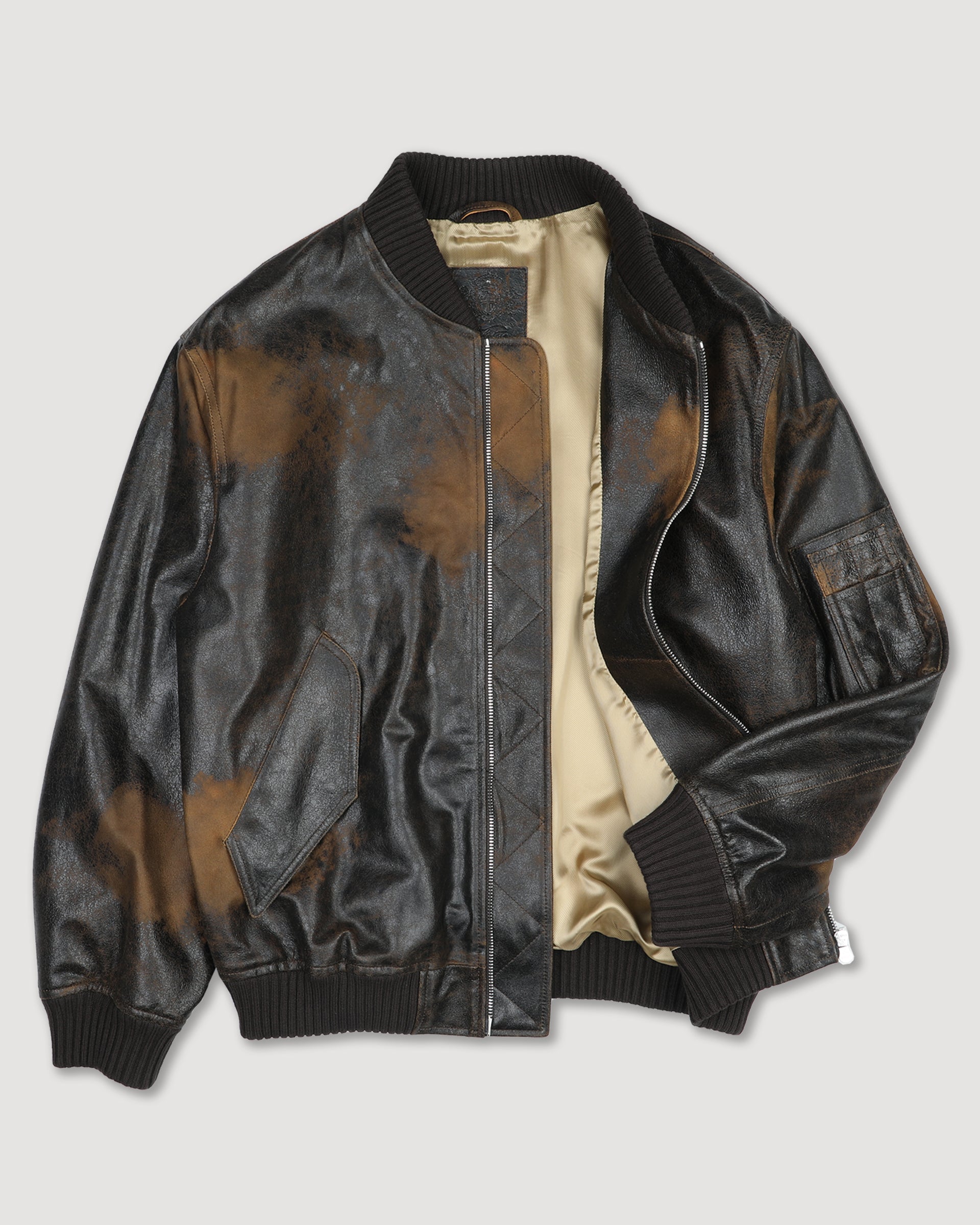 UNISEX- BOMBER CON ZIP IN NAPPA CRACK, BORDI COLLO, FONDO E POLSI IN MAGLIA, FODERATO - Moro