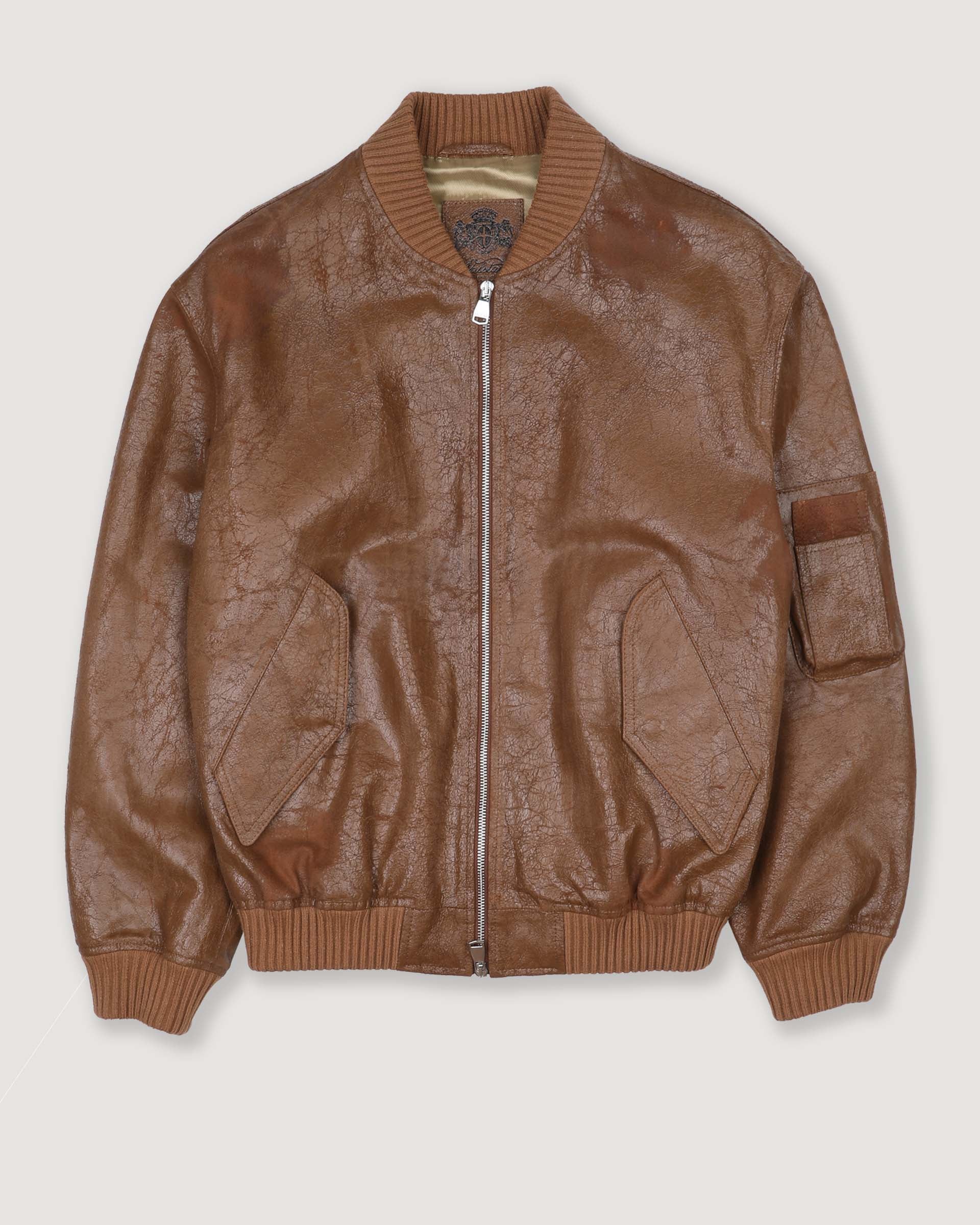 UNISEX- BOMBER CON ZIP IN NAPPA CRACK, BORDI COLLO, FONDO E POLSI IN MAGLIA, FODERATO - Tabacco