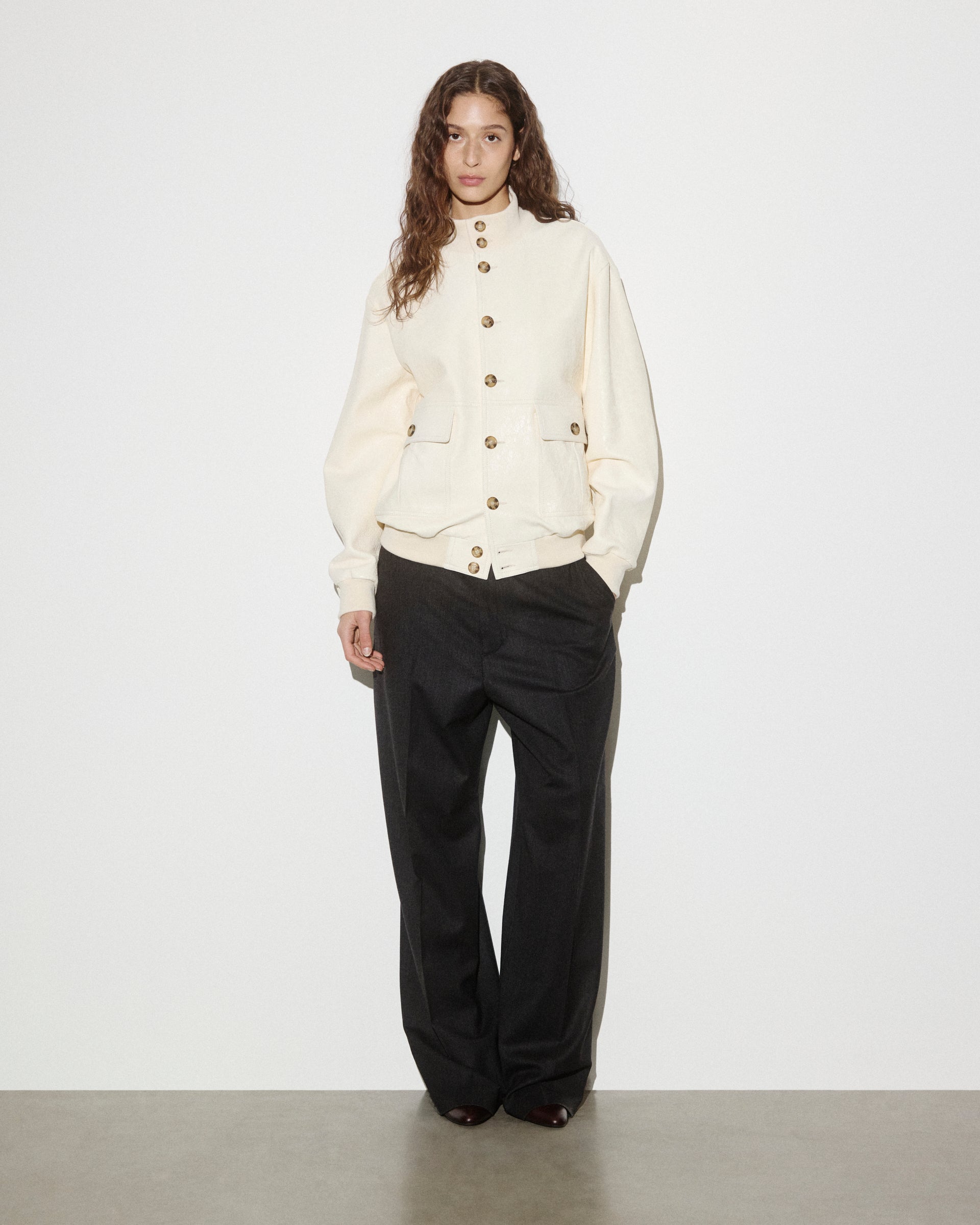 UNISEX- GIUBBOTTO VALSTARINO COLLO ALTO CON BOTTONI E TASCHE APPLICATE IN NAPPA CRACK FODERATO, COLLO POLSI E FONDO SMACCHINATI IN COTONE - Butter