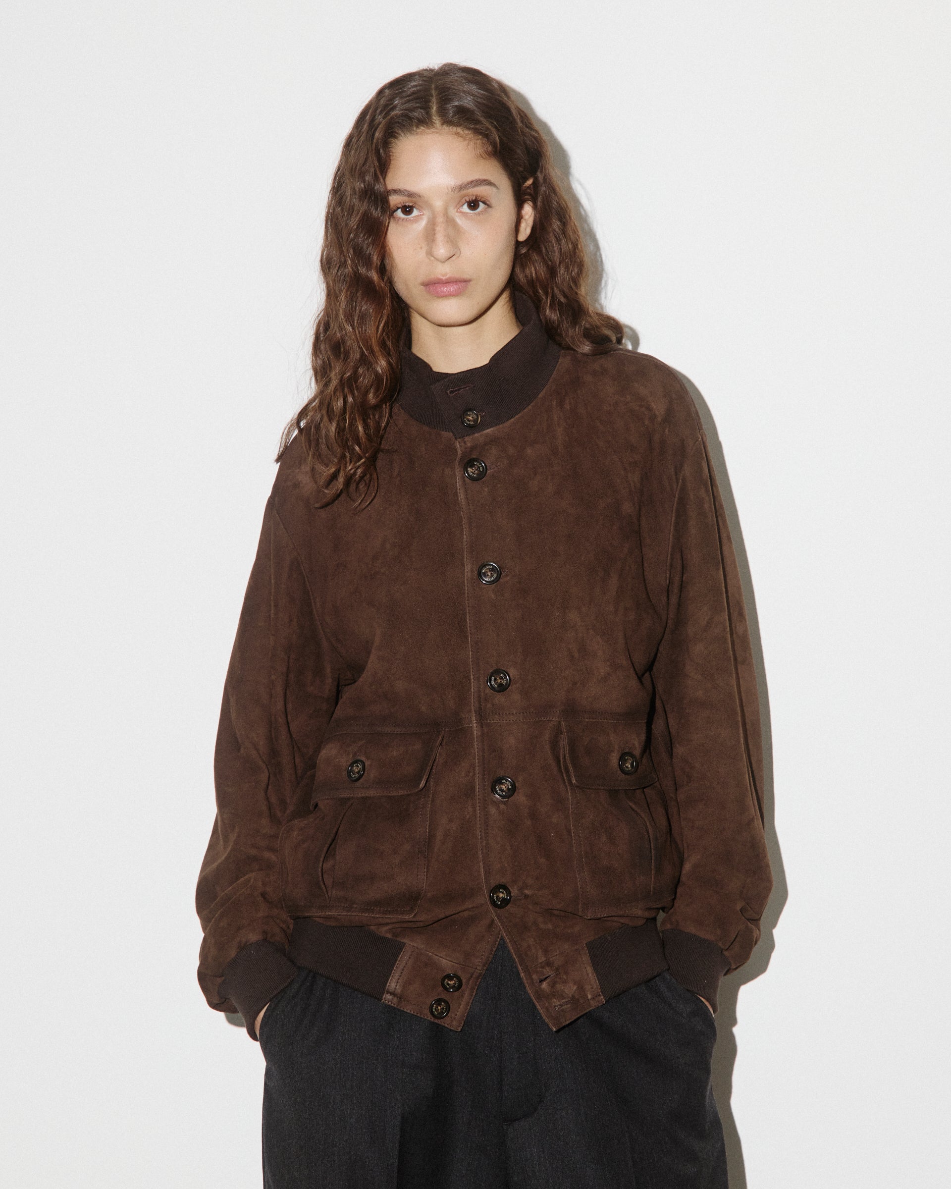 UNISEX- GIUBBOTTO VALSTARINO COLLO ALTO CON BOTTONI E TASCHE APPLICATE IN LIGHT SUEDE VINTAGE FODERATO, COLLO POLSI E FONDO SMACCHINATI IN COTONE - Brown