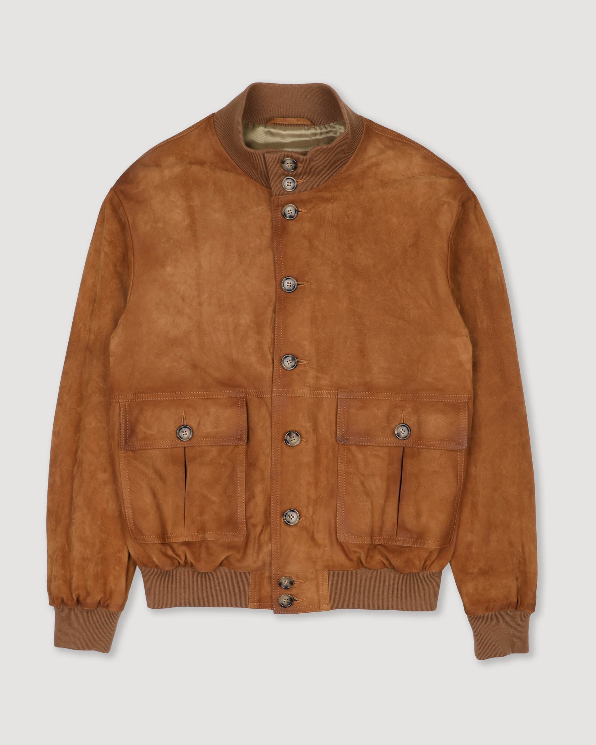 UNISEX- GIUBBOTTO VALSTARINO COLLO ALTO CON BOTTONI E TASCHE APPLICATE IN LIGHT SUEDE VINTAGE FODERATO, COLLO POLSI E FONDO SMACCHINATI IN COTONE - Avana