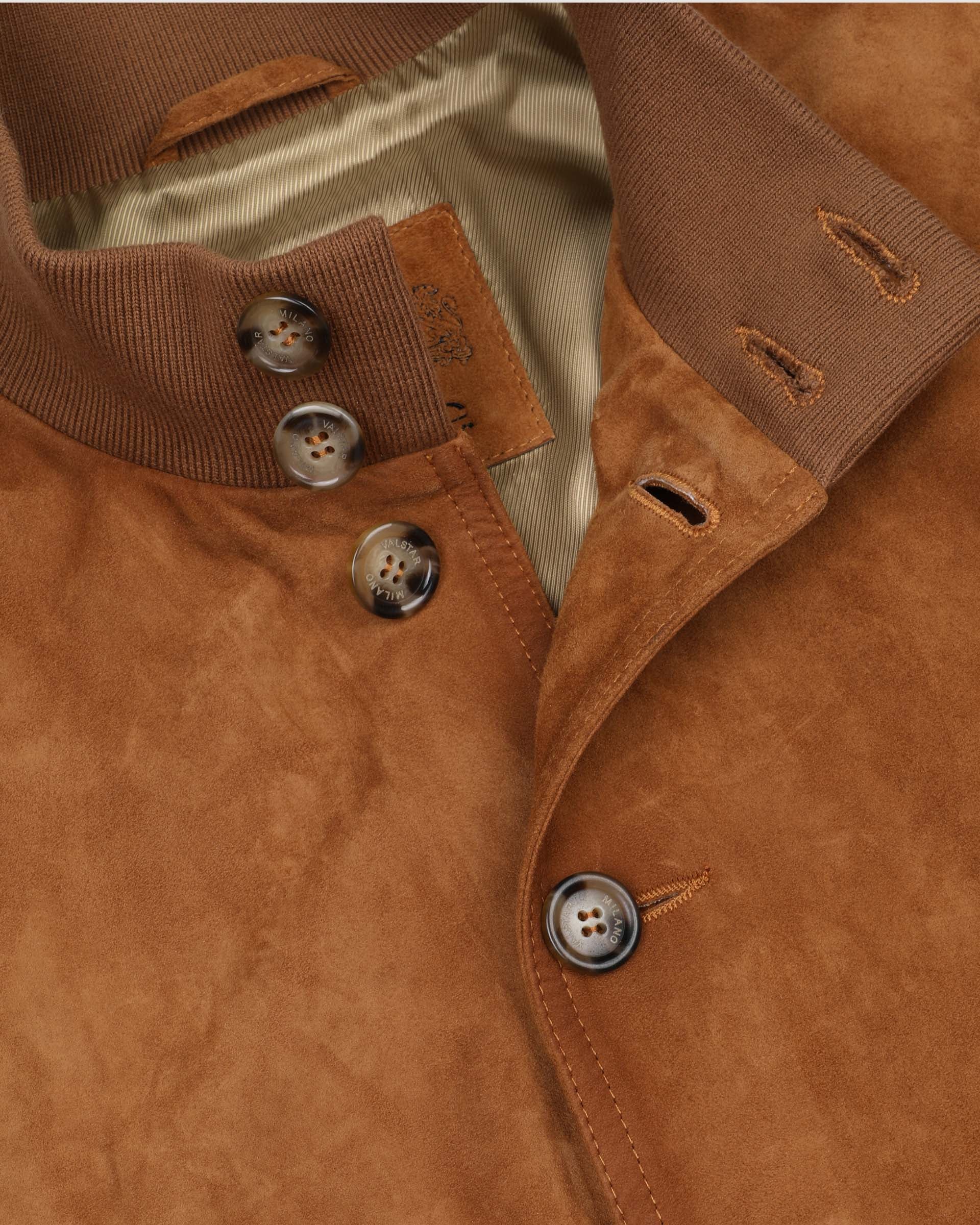 UNISEX- GIUBBOTTO VALSTARINO COLLO ALTO CON BOTTONI E TASCHE APPLICATE IN LIGHT SUEDE VINTAGE FODERATO, COLLO POLSI E FONDO SMACCHINATI IN COTONE - Avana