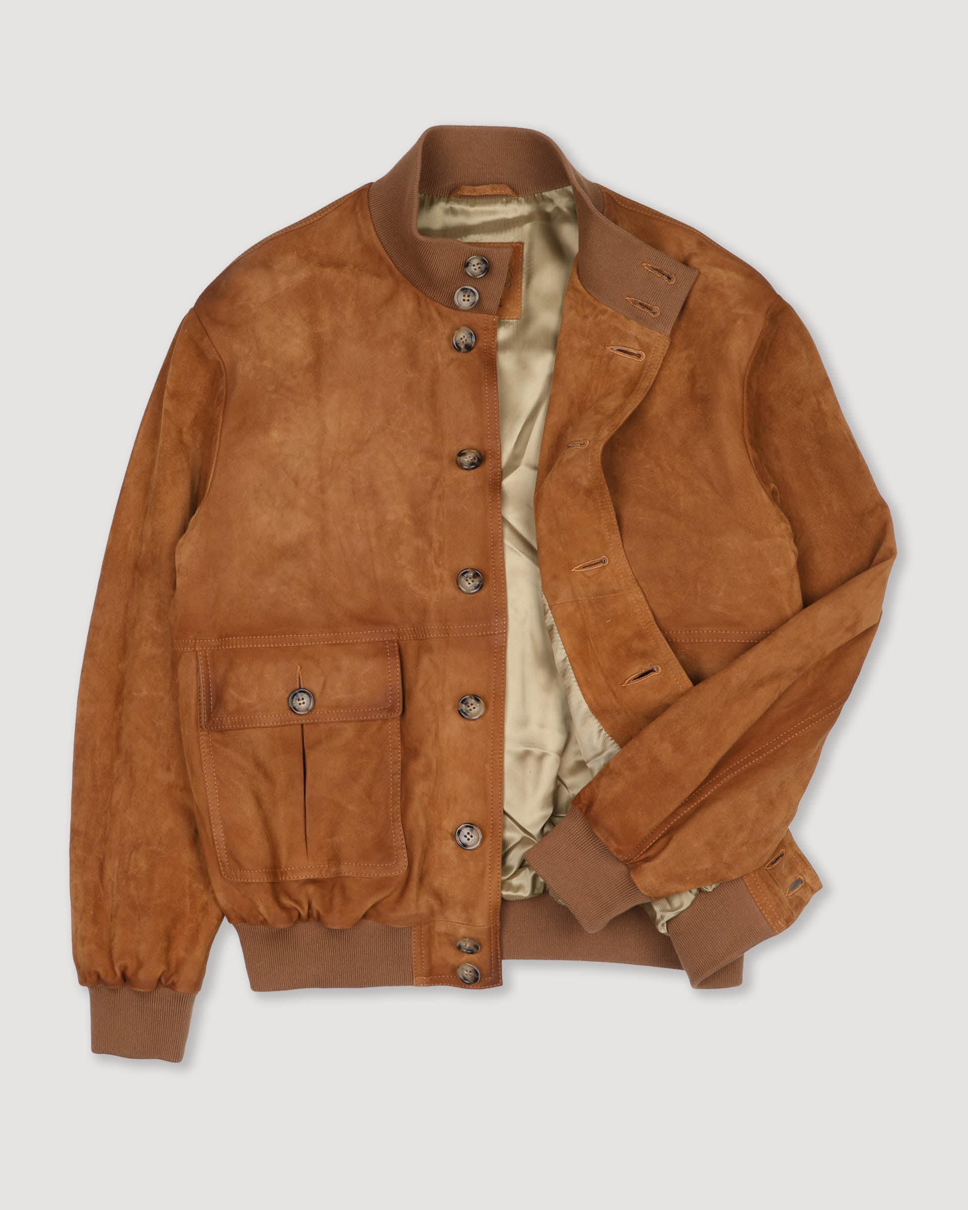 UNISEX- GIUBBOTTO VALSTARINO COLLO ALTO CON BOTTONI E TASCHE APPLICATE IN LIGHT SUEDE VINTAGE FODERATO, COLLO POLSI E FONDO SMACCHINATI IN COTONE - Avana